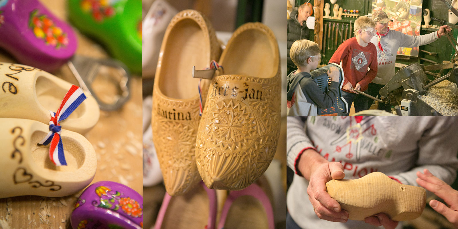 Hand-painted and carved wooden clogs and a clog maker at work in a Dutch workshop