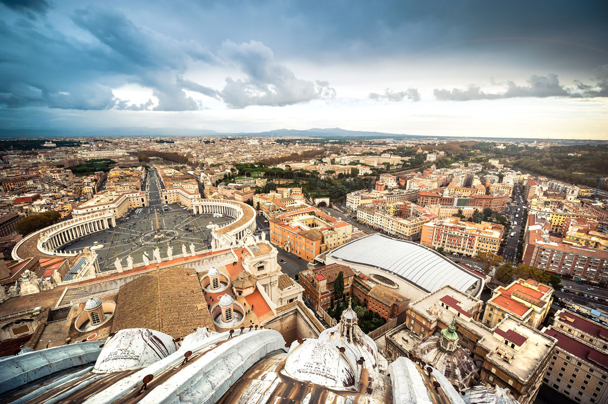 The Vatican from an angle. You can see Rome, St. Marks Square from the roof of the Basilica. Vatican Aerial View