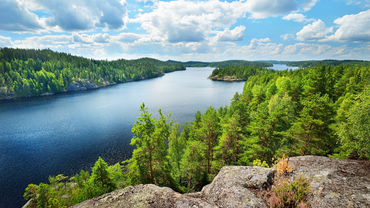 Forested shores and islands of Lake Saimaa seen from a rocky lookout in Finland