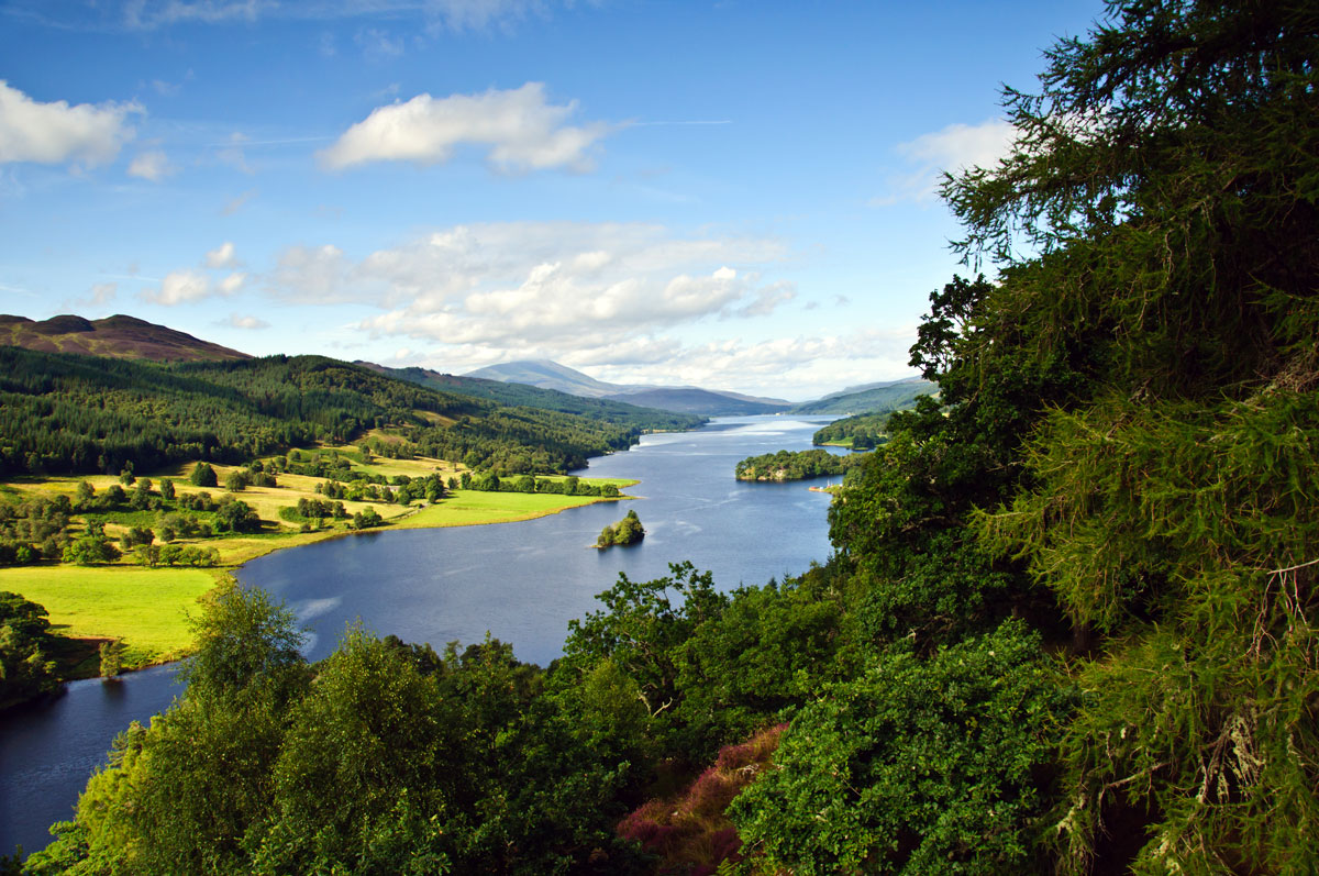 Loch Tummel winding through wooded Highland glens from Queen's View, Scotland