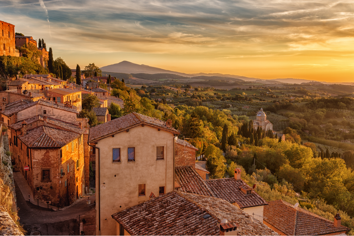 View of Tuscany landscapes from town of Montepulciano Italy