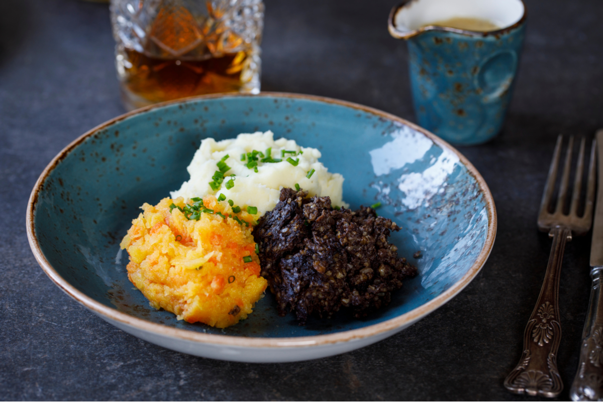 Haggis, mashed turnip and potatoes, traditional Scottish meal