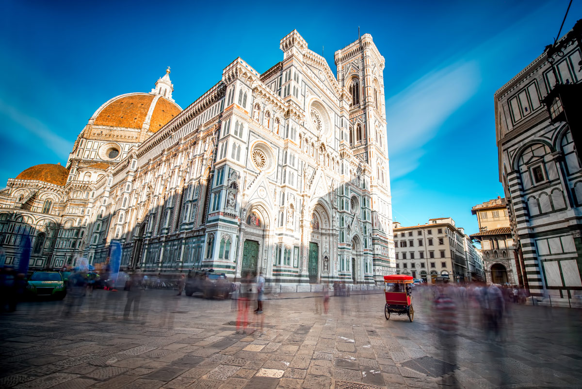Florence Cathedral with Brunelleschi's dome and Giotto's bell tower on Piazza del Duomo