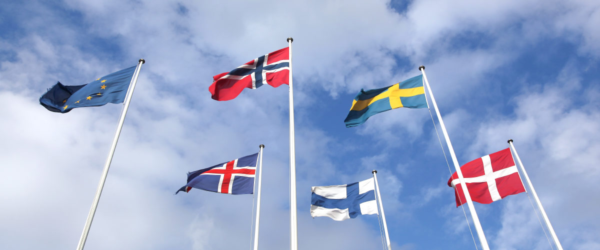Flags of the Nordic countries and the EU flying against a blue sky