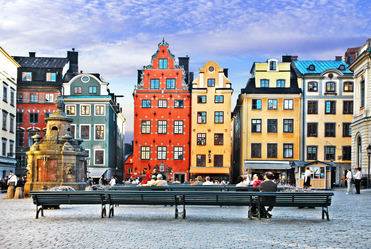 Colourful merchant houses on Stortorget square in Gamla Stan, Stockholm, Sweden