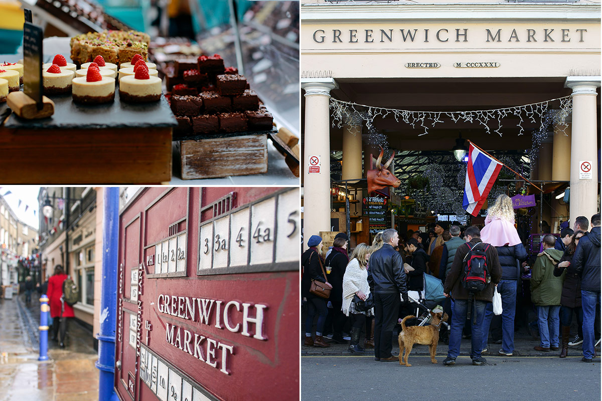 Greenwich Market collage: cakes on a stall, shoppers at the entrance and the red market sign