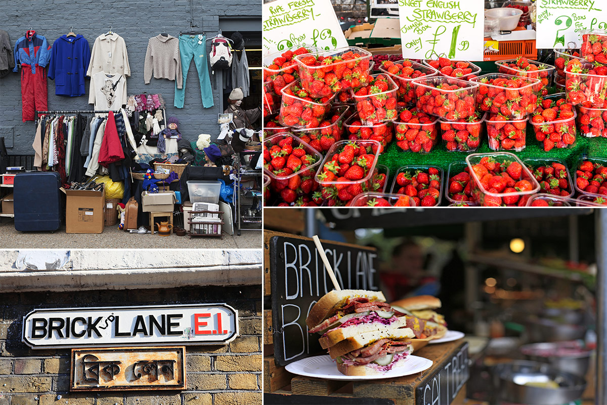 Brick Lane market collage: vintage clothes, strawberries, street sign and salt beef bagel