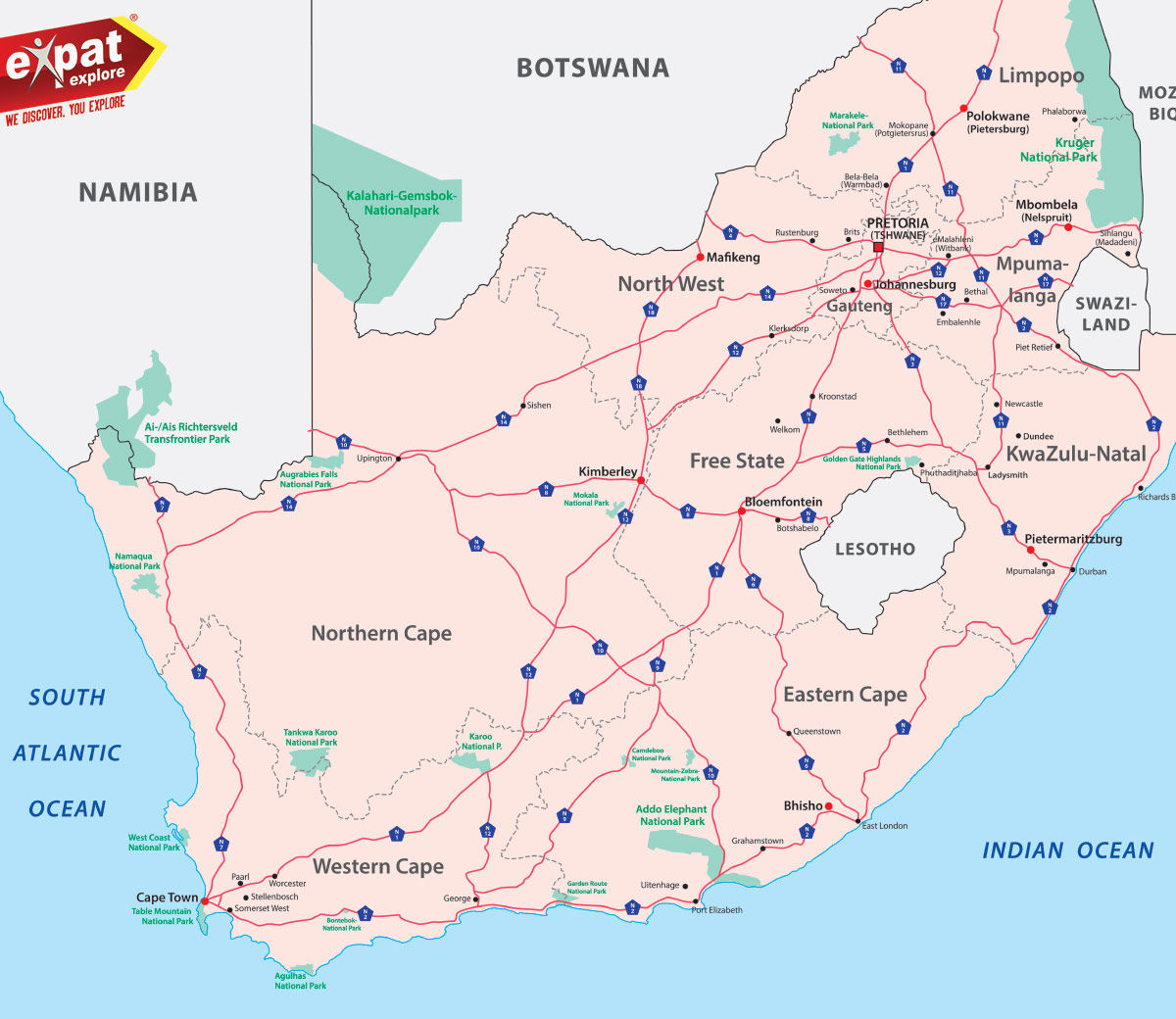 Road map of South Africa showing its nine provinces, main cities and national parks
