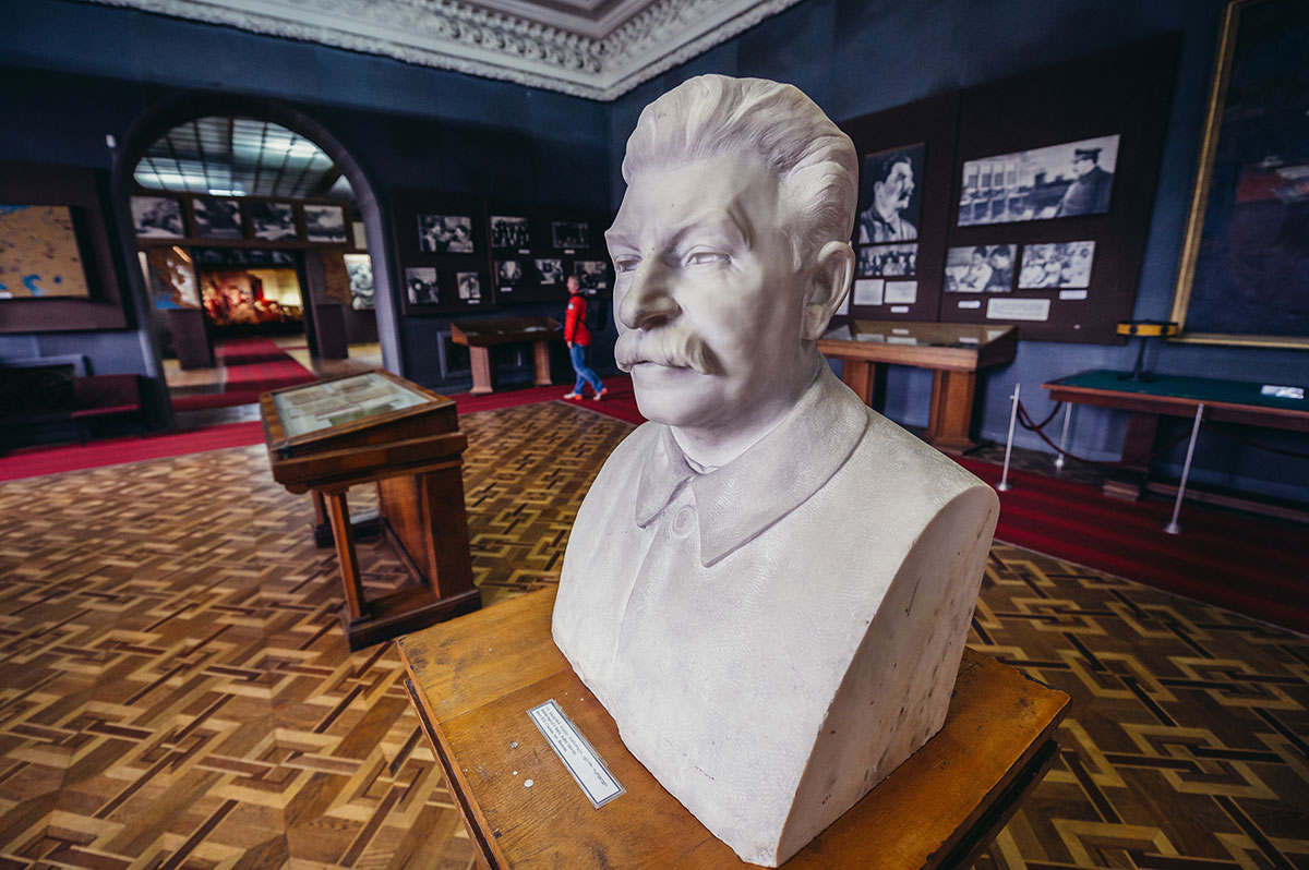 White bust of Joseph Stalin in a hall of the Stalin Museum in Gori, Georgia