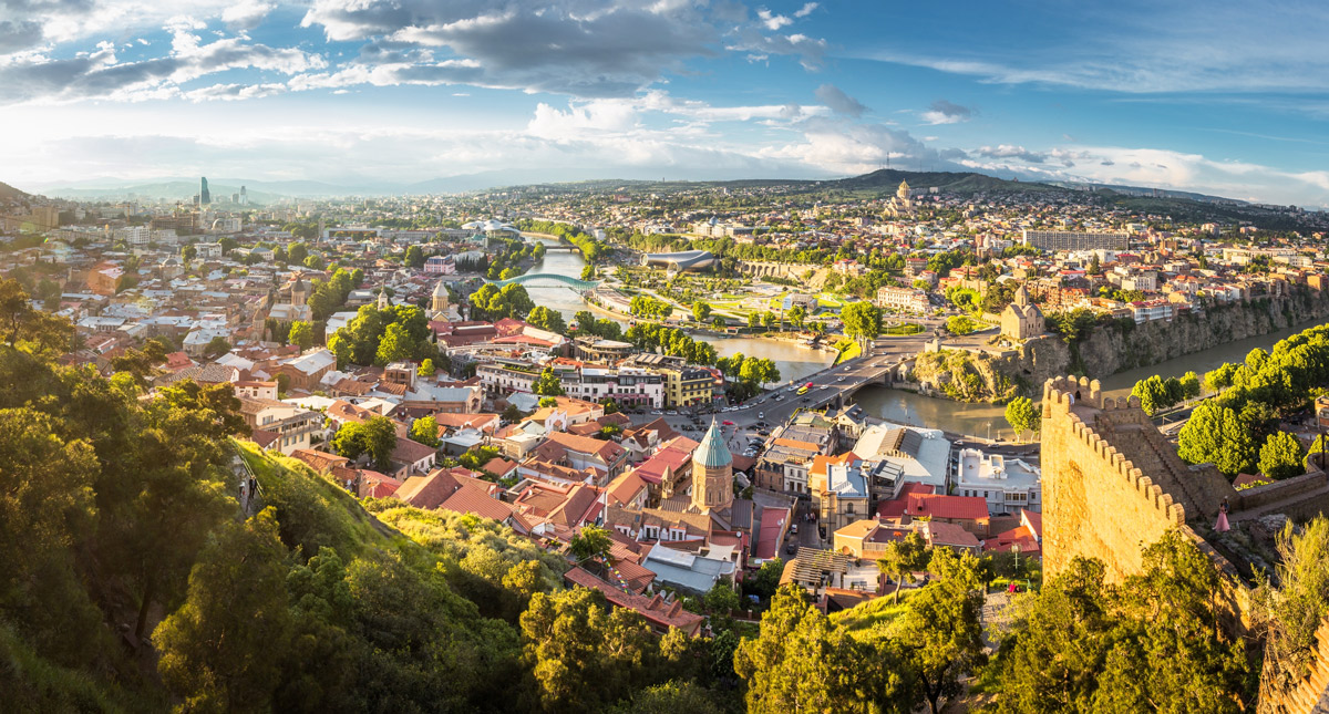 Panorama of Tbilisi's old town, river and Narikala Fortress walls, Georgia
