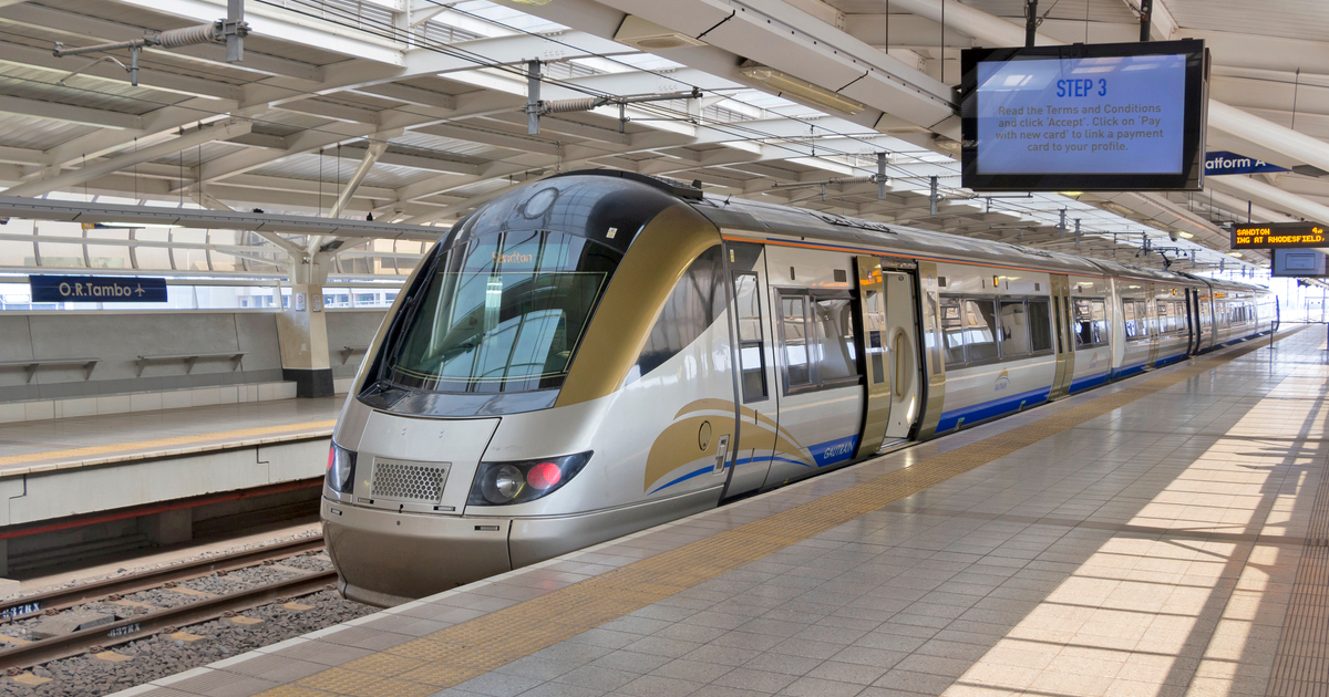 High-speed commuter train at the OR Tambo airport station in Johannesburg