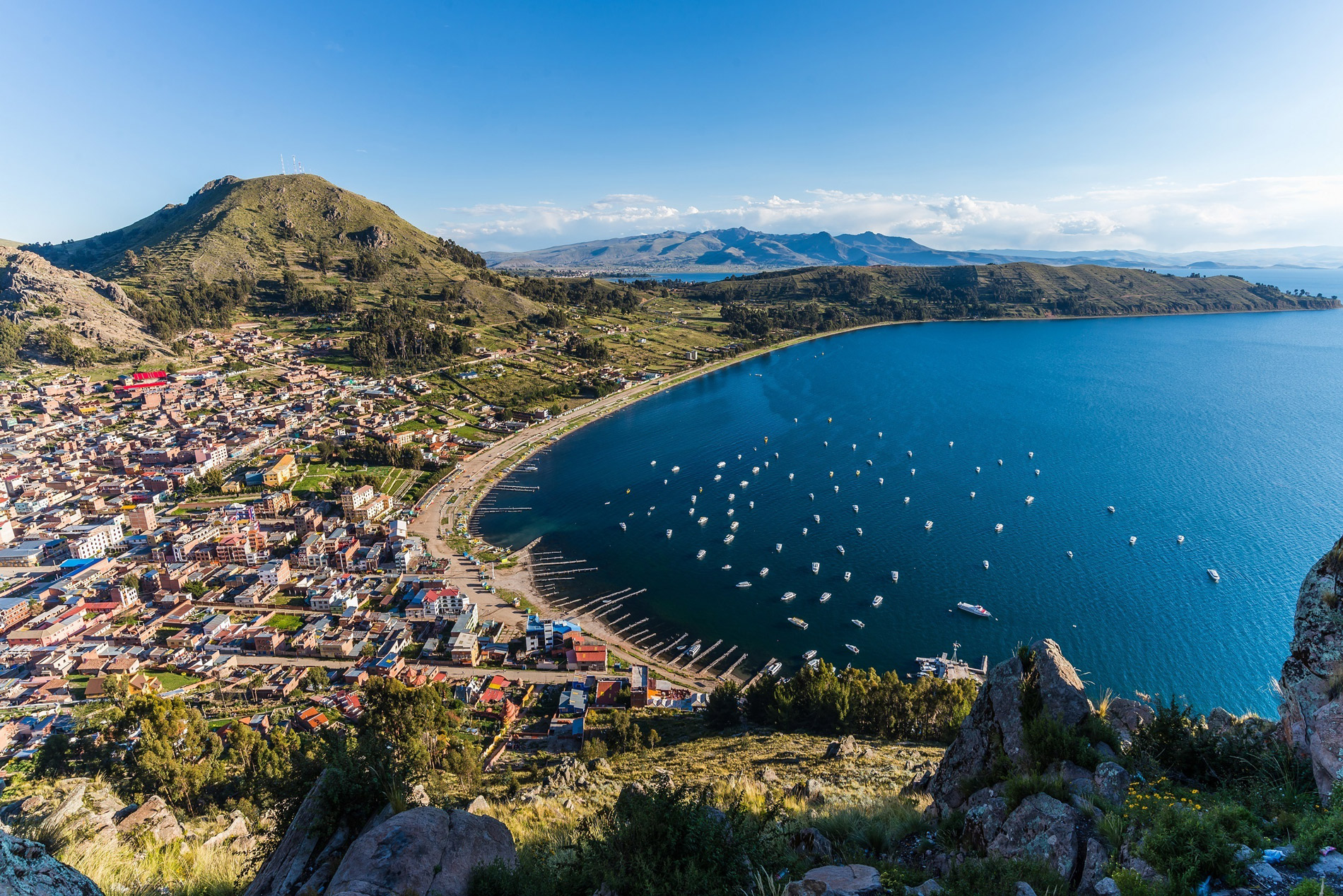 Copacabana town and its bay of boats on the shore of Lake Titicaca, Bolivia