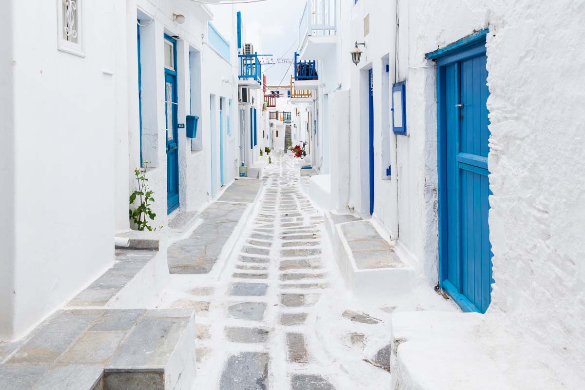 Typical blue and white streets of Mykonos, Greece