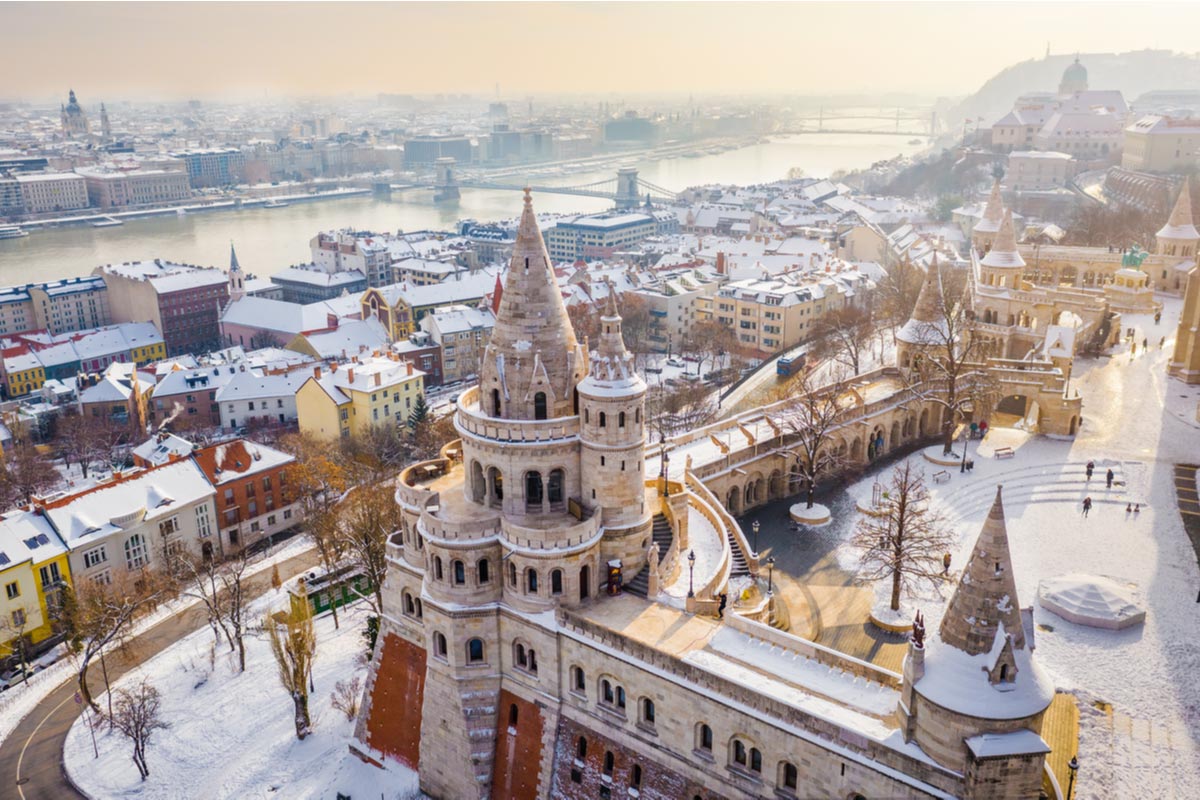 Aerial view of the snowy Fisherman's Bastion