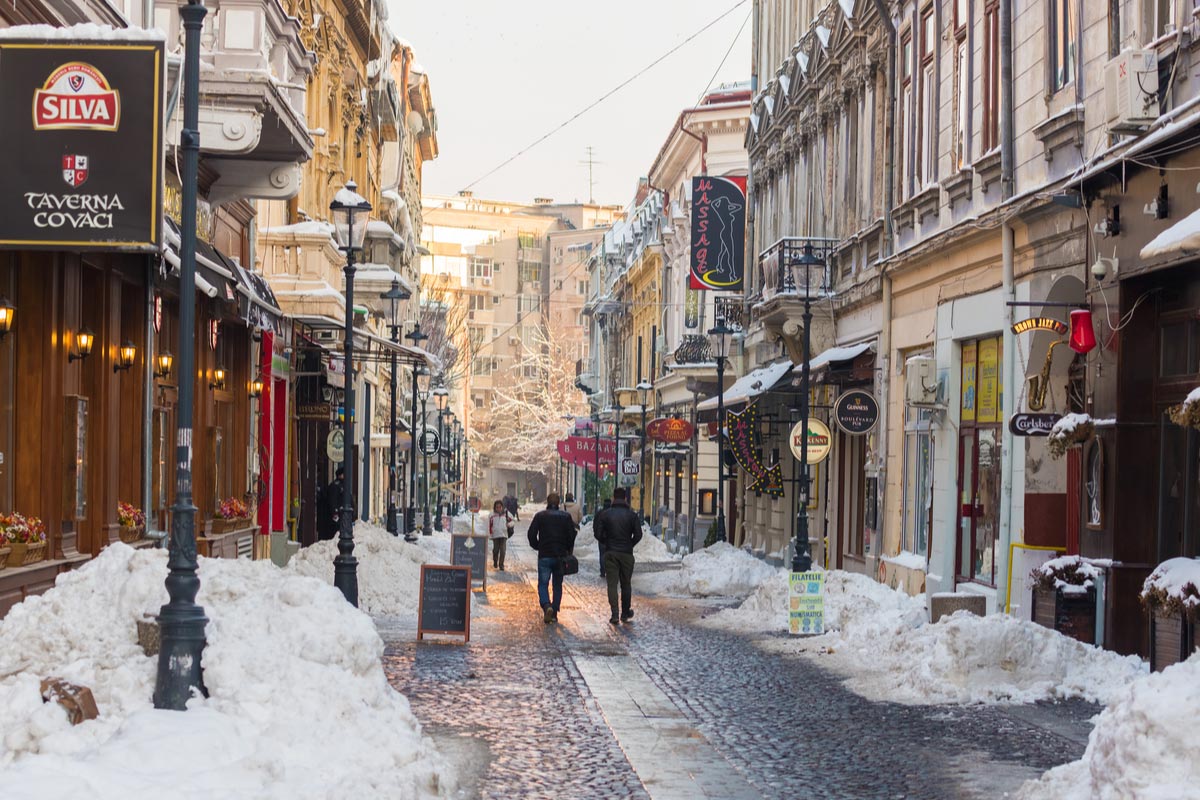Covaci street in Bucharest old town in winter season
