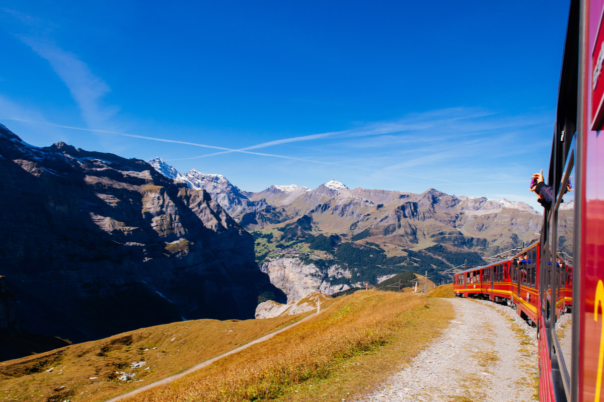 Red Jungfrau railway train from Kleine Scheidegg station climbing to Jungfraujoch