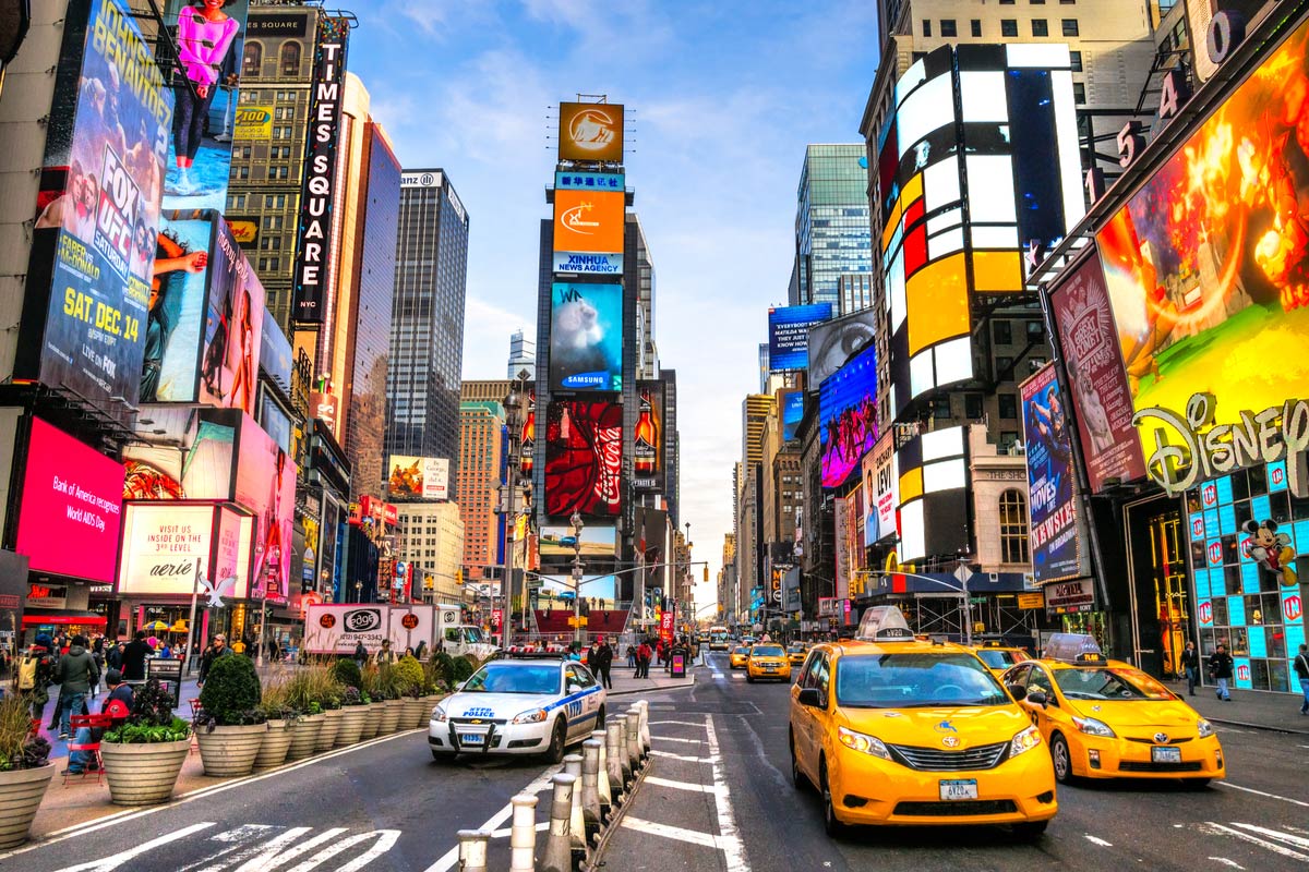 Times Square, a busy tourist intersection and an iconic street of New York City