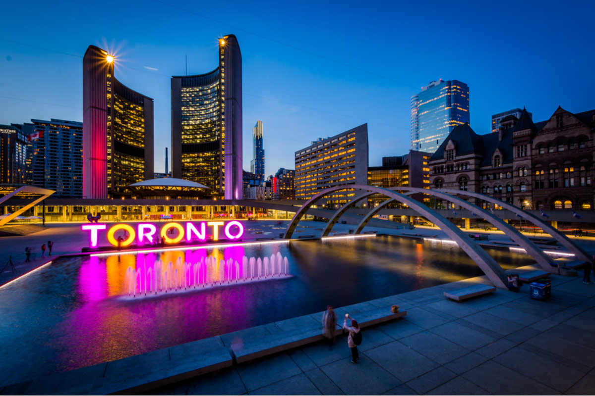View of Nathan Phillips Square and Toronto Sign in downtown Toronto