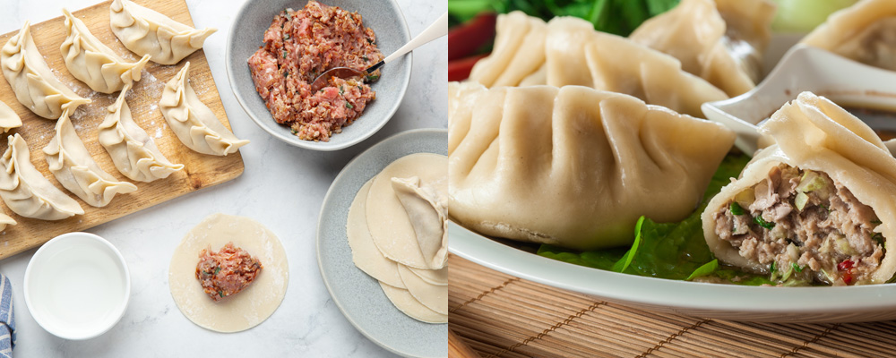 Making Japanese gyoza: folding pork filling into wrappers, and a cut dumpling