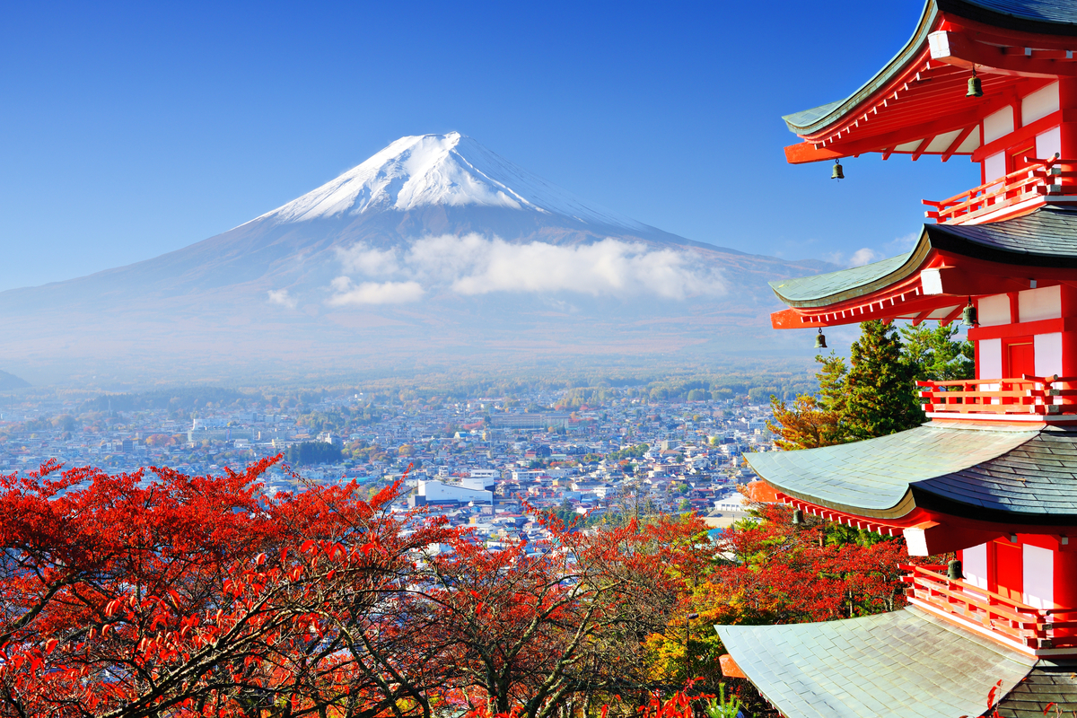 Mount fuji and japanese architecture in autumn thanksgiving