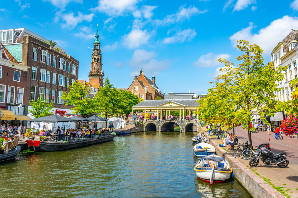 Canal side view of Leiden in the Netherlands thanksgiving