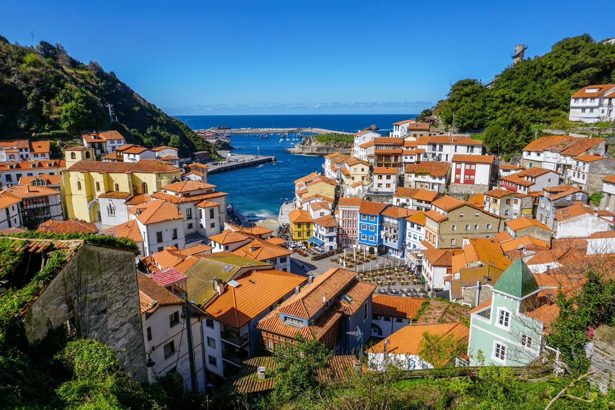 View of port and colourful houses in Cudillero in Spain