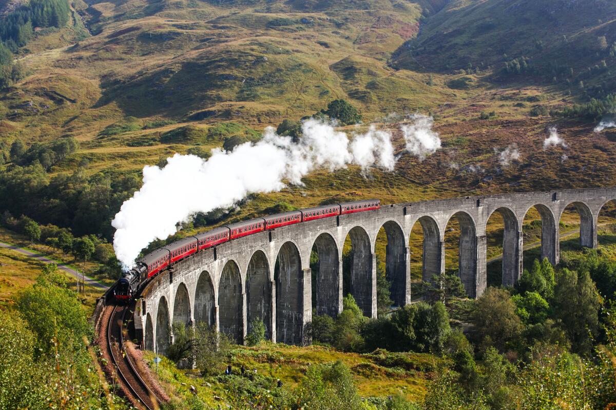 Train on Glenfinan Viaduct Scotland railway journeys