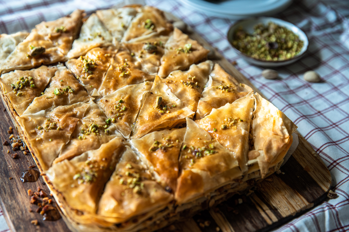 Tray of freshly baked baklava from Greece World Baking Day