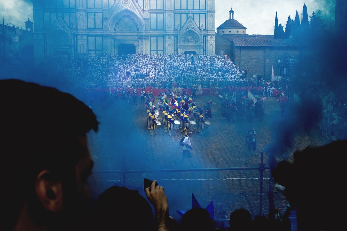 People watching Calcio Fiorentino game in Piazza Santa Croce Florence