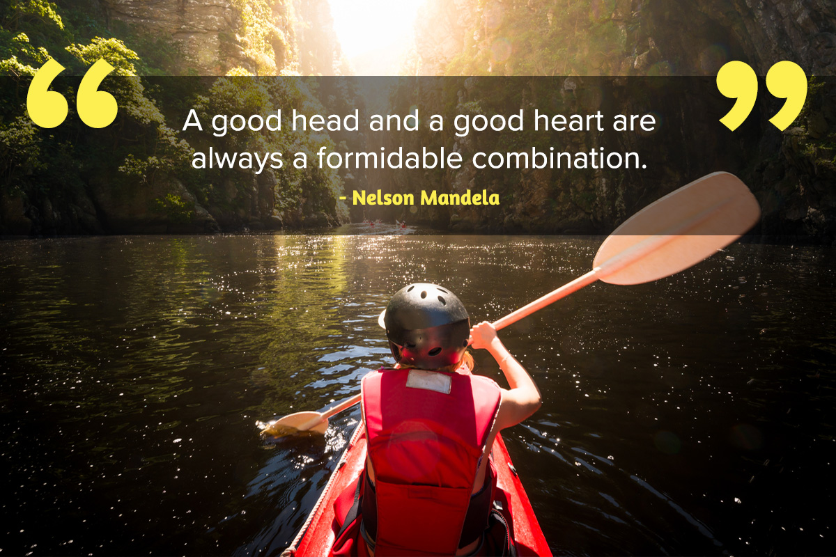 Woman kayaking in Tsitsikamma South Africa and Inspirational quote Nelson Mandela Day