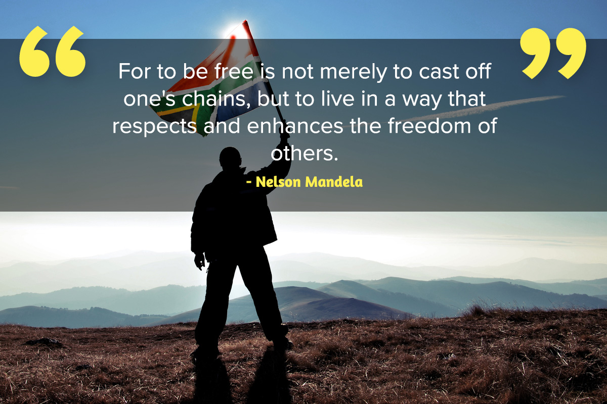 Man flying South African flag and Inspirational quote Nelson Mandela Day