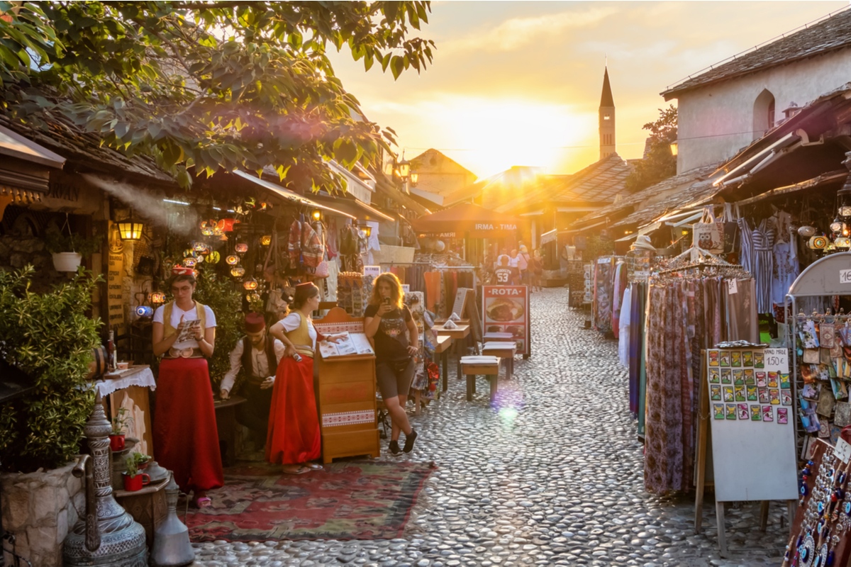 Market in historic center of Mostar in Bosnia and Herzegovina