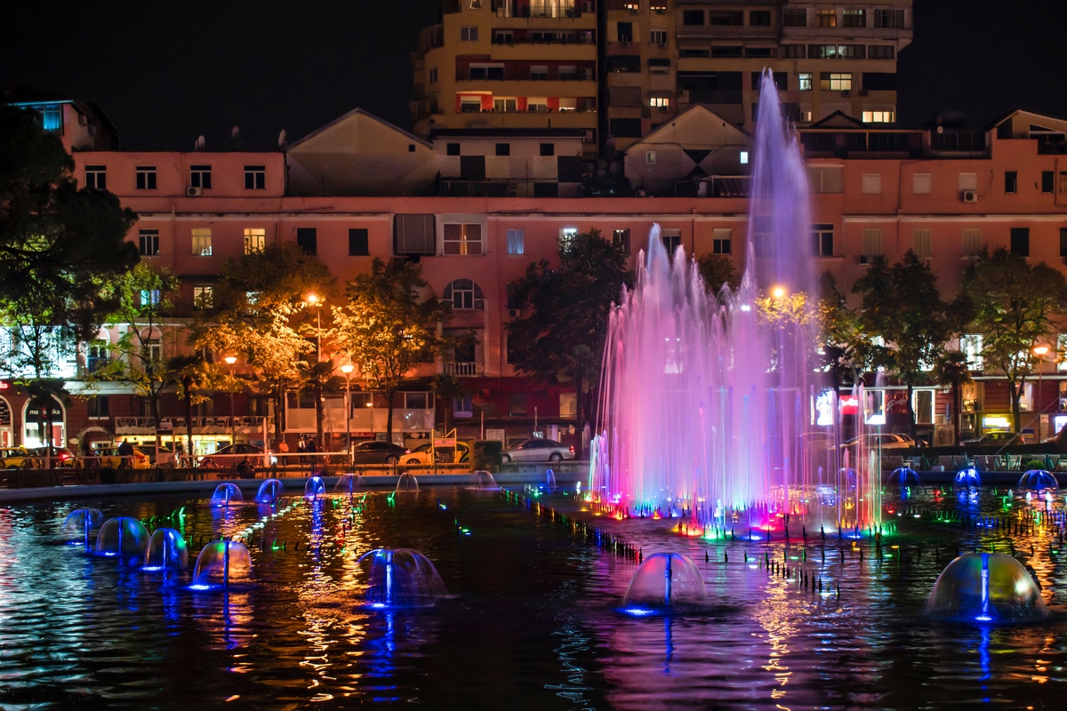 Colourful fountain at nighttime in Youth Park, Tirana, Albania