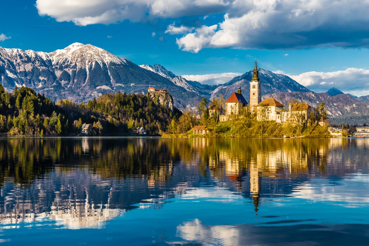 View of Lake Bled and mountains in Slovenia, the Balkans
