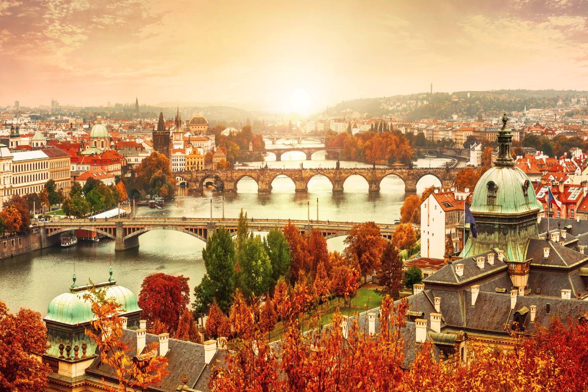 View of bridges across the River Vltava in Prague at autumn
