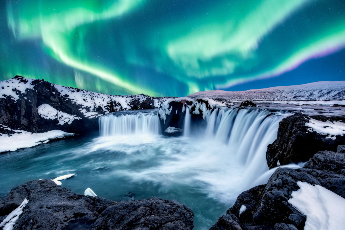 Godafoss waterfall in Iceland during winter white Christmas