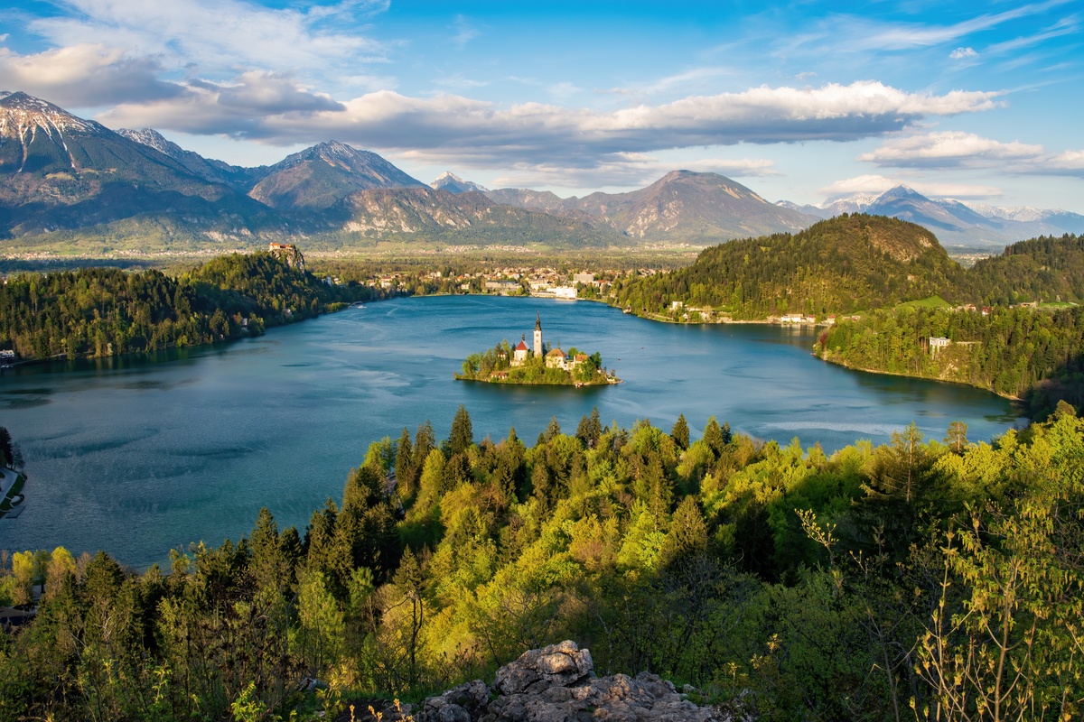 View of Lake Bled from viewpoint, spring walks