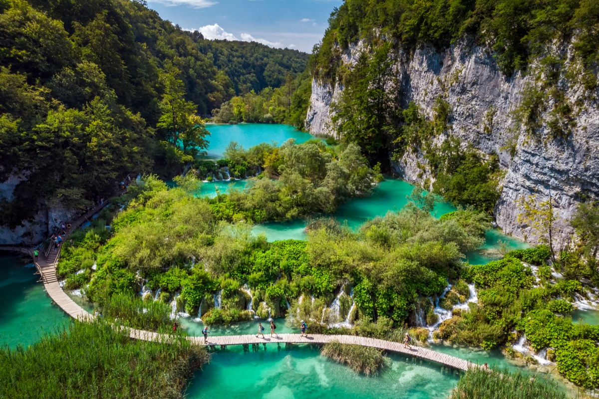 Aerial view of boardwalk in Plitvice Lakes National Park Croatia World Heritage Site