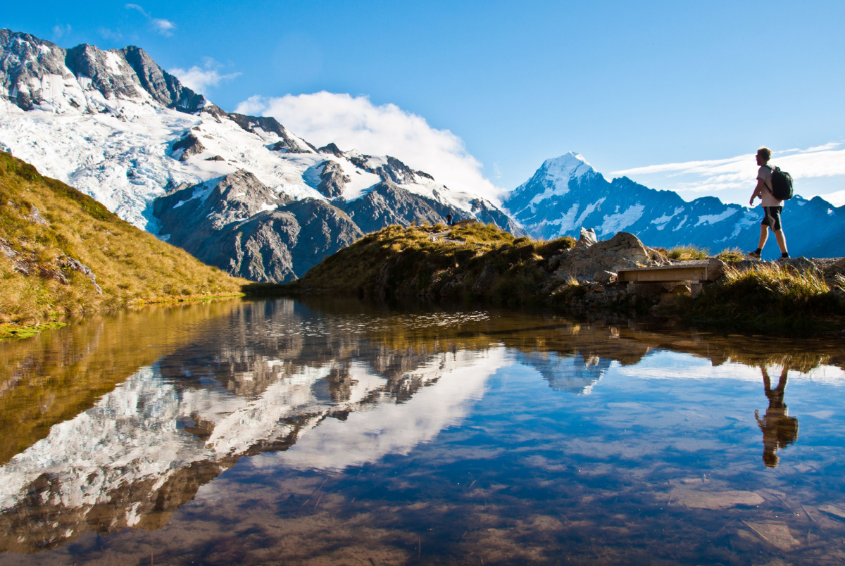 hiker in Aoraki Mount Cook National Park, New Zealand