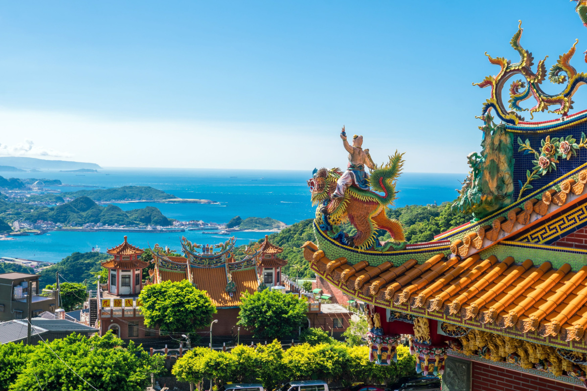 View of coastline from a temple at Jiufen Old Street in Taipei,Taiwan World Kindness Day