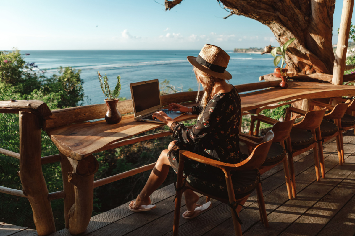 Female traveller remote working, 2023 trends