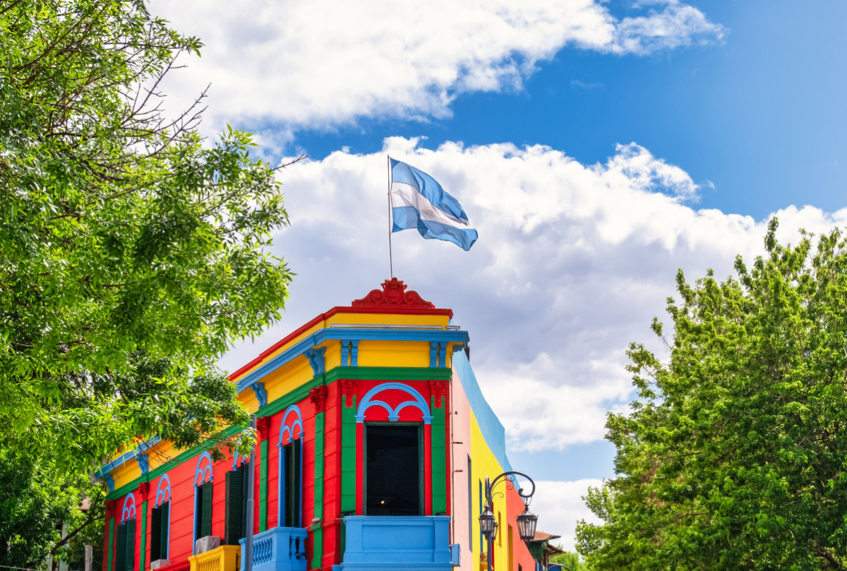 Argentinean flag and colourful building in Buenos Aires St. Patrick's Day