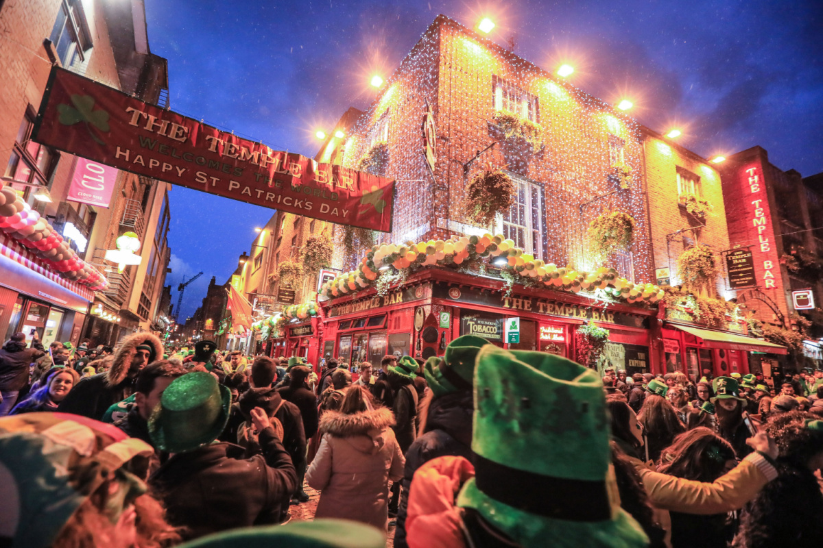 Crowd celebrating St Patrick's Day in Dublin
